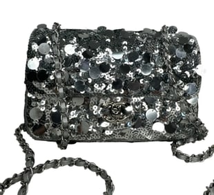 CHANEL Sequin Classic Small Flap Silver Bag