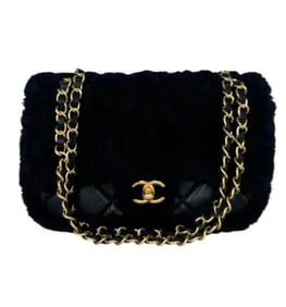 Chanel Mini Shearling Flap Bag Black Lambskin Brushed Gold Hardware