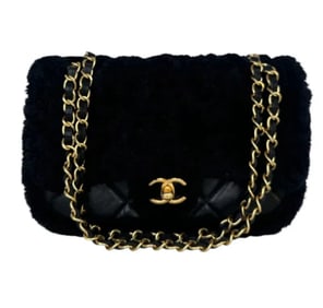 Chanel Mini Shearling Flap Bag Black Lambskin Brushed Gold Hardware