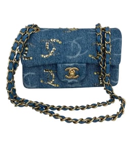 CHANEL Medium Classic Double Flap Blue Denim Sequins CC PRINT Bag Gold