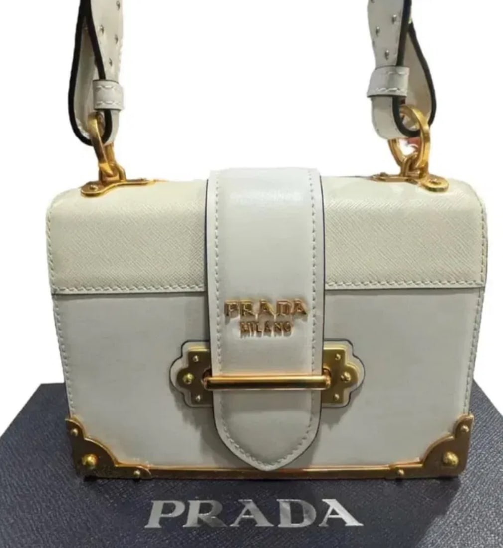 Prada Cashier White Leather Crossbody Bag: Size: Base length: 7.00 inHeight: 5.00 inWidth: 2.00 inDrop: 20.50 in - Includes box and Dust Bag. Shipping only.