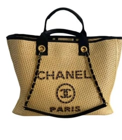 Chanel Straw Raffia Calfskin Chain Medium Deauville Tote Beige Black