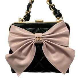 Chanel Mini Clutch with Bow Crossbody Bag Black Shiny Lambskin and Pink Patent Crumpled