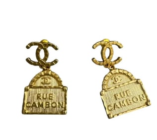 Chanel Rue Cambon Gold Tag Dangle Earrings