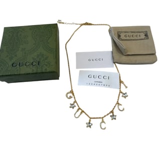 GUCCI Gucciscript gold-tone brass crystal and glass necklace