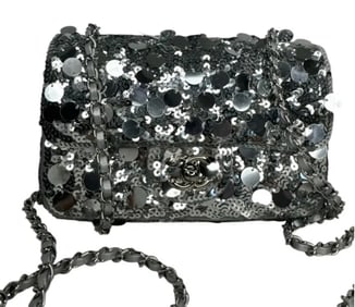 CHANEL Sequin Classic Small Flap Silver Bag