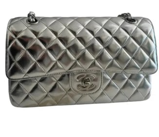 Chanel Medium Classic Double Flap Bag Metallic Silver Aged Calfskin Silver Hardware