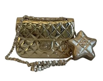 Chanel Metallic Calfskin Quilted Hollywood Boulevard Mini Flap With Star Coin Purse Gold