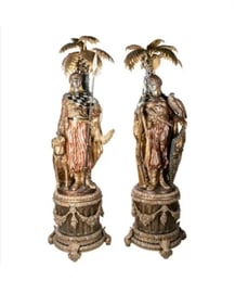 Pair of Life Size Monumental Bronze Arab Hunters and Palms Sculptures on Pedestals
