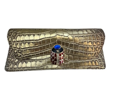 Chanel Gold Crocodile Embossed Paris New York Coco Scarab Ancient Egyptian Clutch Gold Hardware