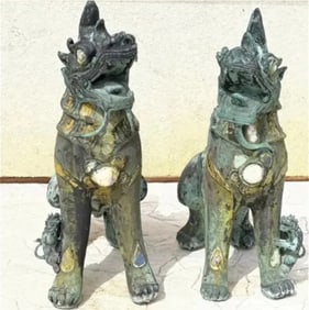 Pair of Antique Bronze Foo Dogs