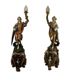 Pair of Luxury Lady Lamps Holding Peacocks Bronze Sculptures
