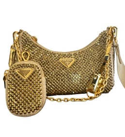 Prada Re-Edition 2005 Satin Crystal Platinum Gold Shoulder Bag