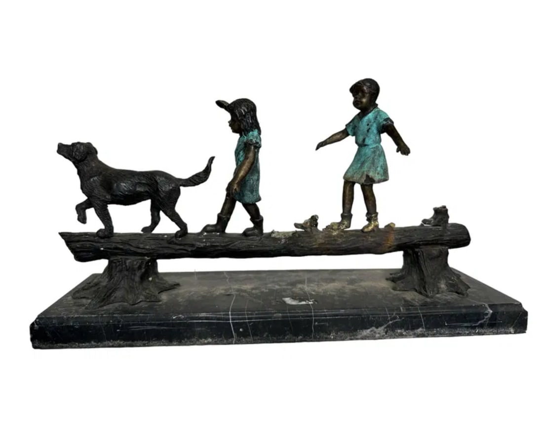 Children on a Log Bronze Sculpture: Measure: 17 in x 10 in X 5 in