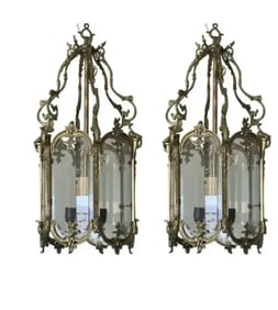Pair of French Louis XV Style Gilt Bronze and Glass Lanterns