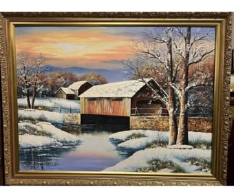 Large Lanscape Cabins Lake Snow Scene Oil Painting by K. Michealson
