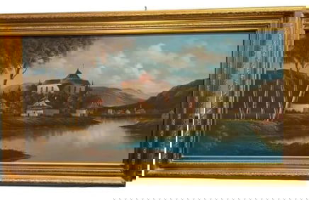 Lanscape Castle Village by Lake Oil Painting by Nash