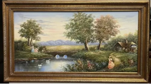 Large Landscape Girls by Lake Cabin House Oil Painting by C. Manning