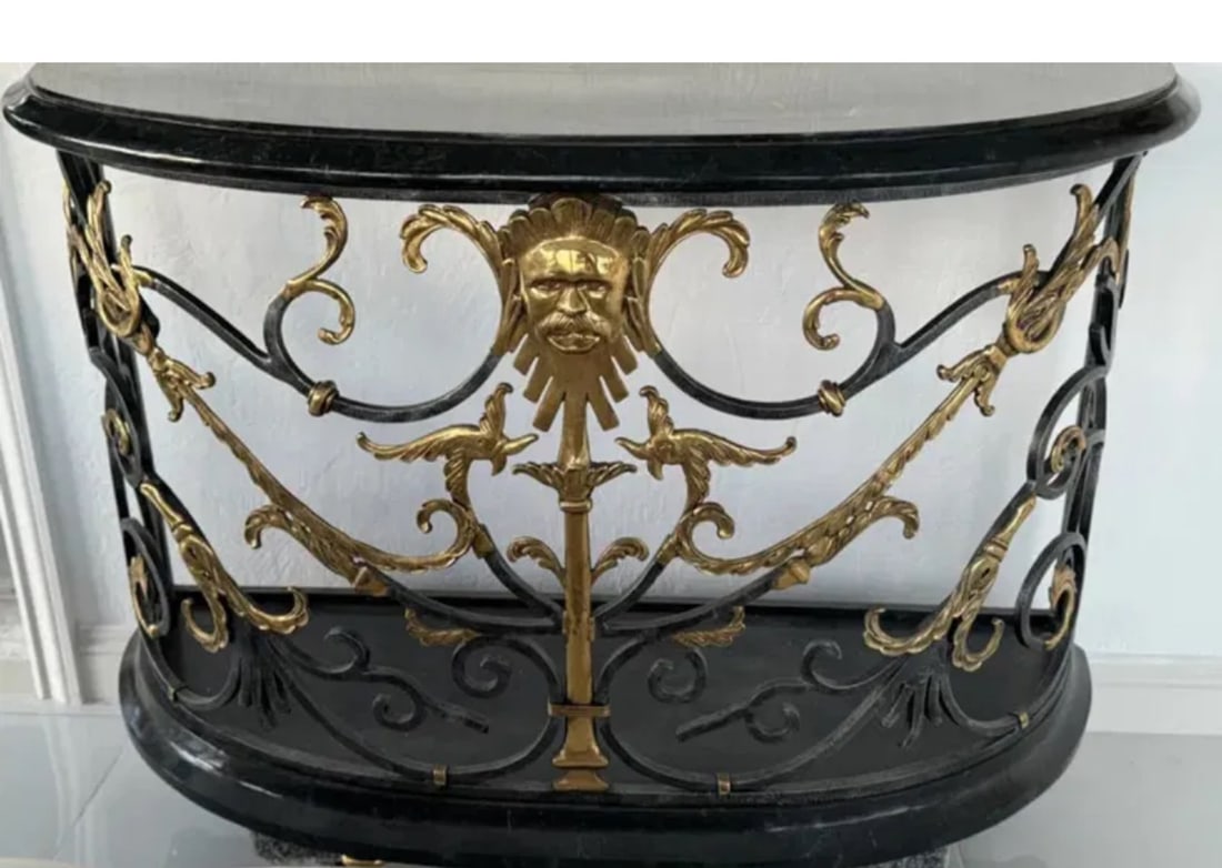 Maitland Smith Mythological Console Table Brass Iron and Marble Top: Measurements: 54 in x 32 x 20 in