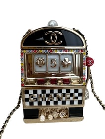 CHANEL Resin Crystal Slot Machine Minaudiere Black Gold White Red