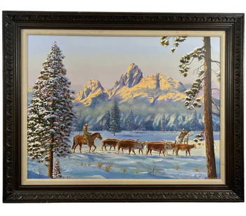 Moving the pack Oil Painting by Maurice Green 1982: Original hand Oil Painting on Panel - Frame 48in L x 38 in H - Painting: 39 1/2 x 29 1/2 H