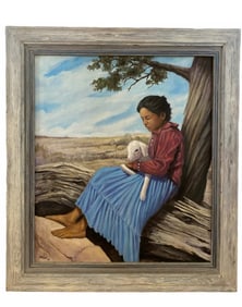 1992 - Native American Girl Holding a Sheep Oil Painting by J. R LUSK