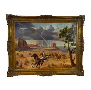 Under Storm Grand Canyon Landscape by Maurice Green: Another impressive work of Maurice Green of Grand Canyon Canvas on Panel -Arizona landscape- Original hand Oil Painting on Panel - Frame 48x 38 in H - Painting: 39 1/2 x 29 1/2 H