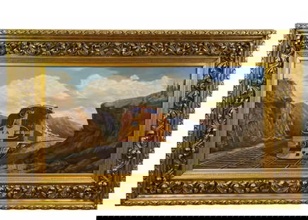 Santa Fe Train Oil Painting by Maurice Green 1987: Oil Painting on Canvas - Frame: 63 in L x 40 in H -