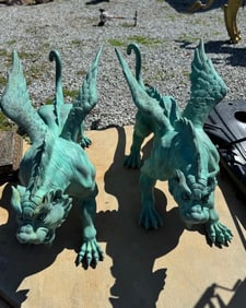Monumental Winged Tiger Griffins Bronze Statues