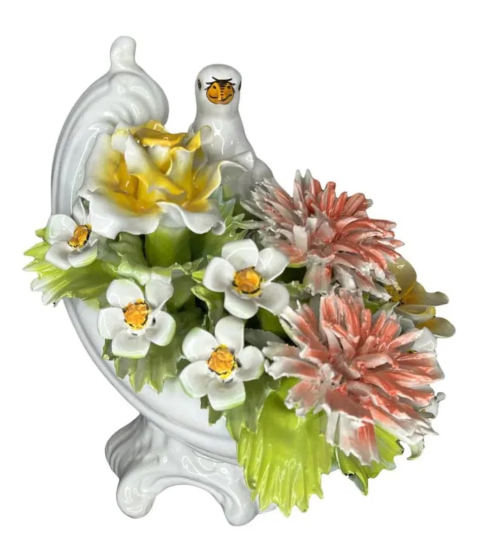 Italian Capodimonte Flowers and Pigeon: Measurements: 13 in H x 12 in L x 9 in W