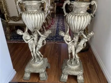 Pair of Large Bronze Woman Urns