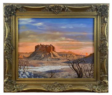 1991 Sunset Oil Painting by Maurice Green: This fantastic painting Sunset at the desert painted in 1991 by the famous Albuquerque artist Maurice Green who lived and worked in Albuquerque until he passed in 2000. Its oil on board and signed and