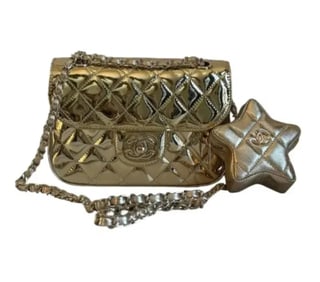 Chanel Metallic Calfskin Quilted Hollywood Boulevard Mini Flap With Star Coin Purse Gold