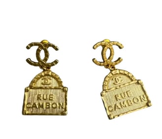 Chanel Rue Cambon Gold Tag Dangle Earrings