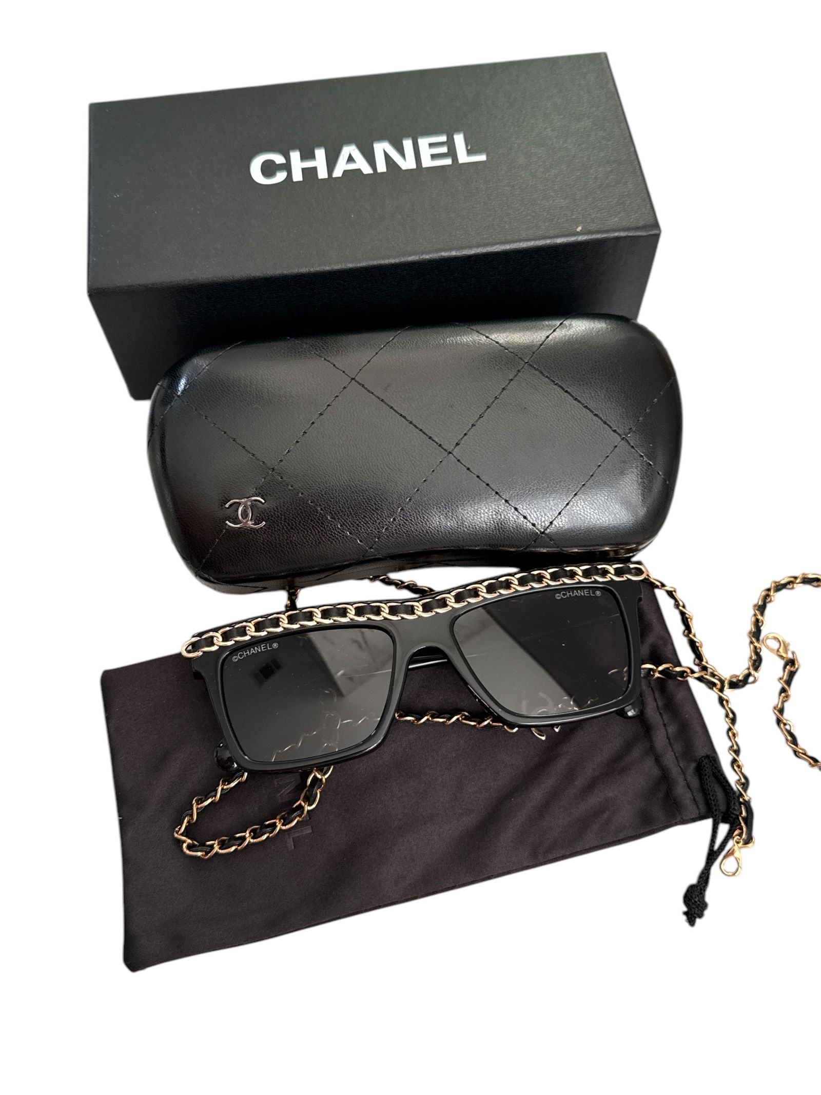CHANEL Acetate Metal Calfskin Chain Rectangle: Unused - In box SizeLength: 5.50 inHeight: 2.00 inWidth: 5.75 inDrop: 14.25 in