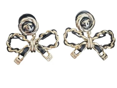 Chanel 2022 Leather Bow Drop Earrings