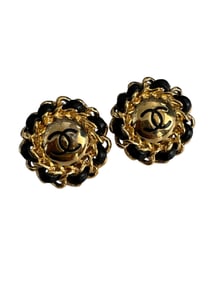 Chanel Black Leather and Gold Metal Earrings