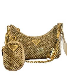 Prada Re-Edition 2005 Satin Crystal Platinum Gold Shoulder Bag