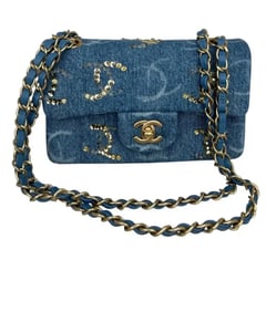 CHANEL Medium Classic Double Flap Blue Denim Sequins CC PRINT Bag Gold