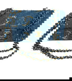 CHANEL Medium Classic Double Flap Blue Denim Sequins CC PRINT Bag Gold: Made in Italy - Stunning Light Blue Denim/ Leather with sequins, beads, Logo CC & Gold Hardware. Durable Denim and Leather. Shoulder strap double drop 9.5”.- Shipping only.