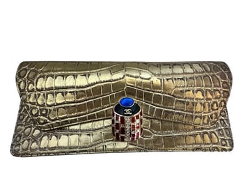 Chanel Gold Crocodile Embossed Paris New York Coco Scarab Ancient Egyptian Clutch Gold Hardware