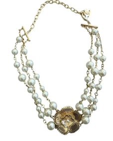 Chanel Faux Pearl Gold Metal Flower Necklace