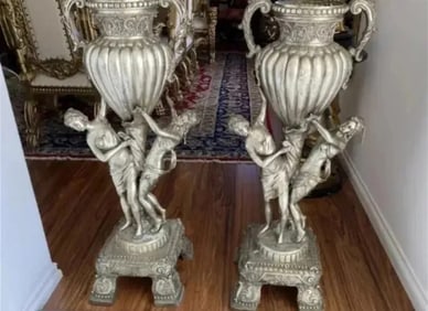 Pair of Large Bronze Woman Urns