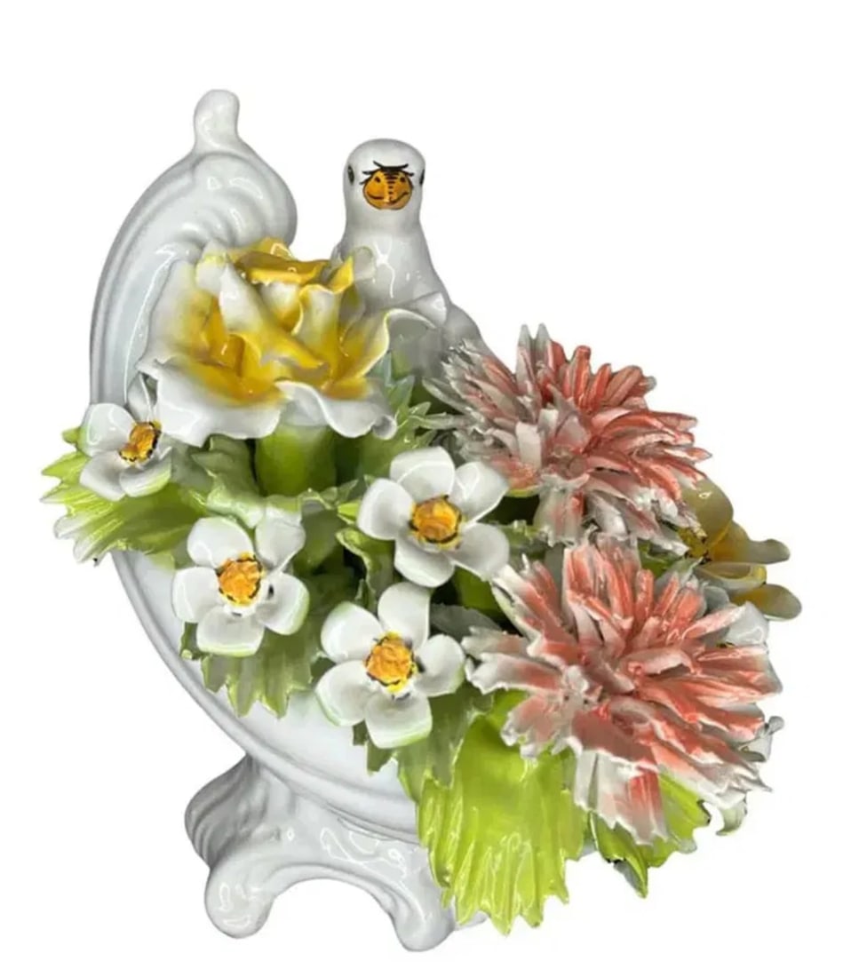 Italian Capodimonte Flowers and Pigeon: lMeasurements: 13 in H x 12 in L x 9 in W