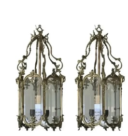 Pair of French Louis XV Style Gilt Bronze and Glass Lanterns