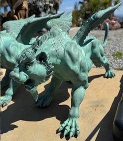 Monumental Winged Tiger Griffins Bronze Statues