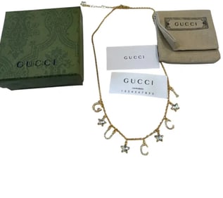 GUCCI Gucciscript gold-tone brass crystal and glass necklace