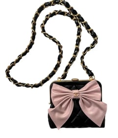 Chanel Mini Clutch with Bow Crossbody Bag Black Shiny Lambskin and Pink Patent Crumpled