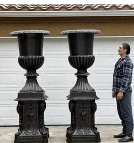Monumental French Iron Urns and Pedestals