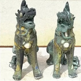 Pair of Antique Bronze Foo Dogs